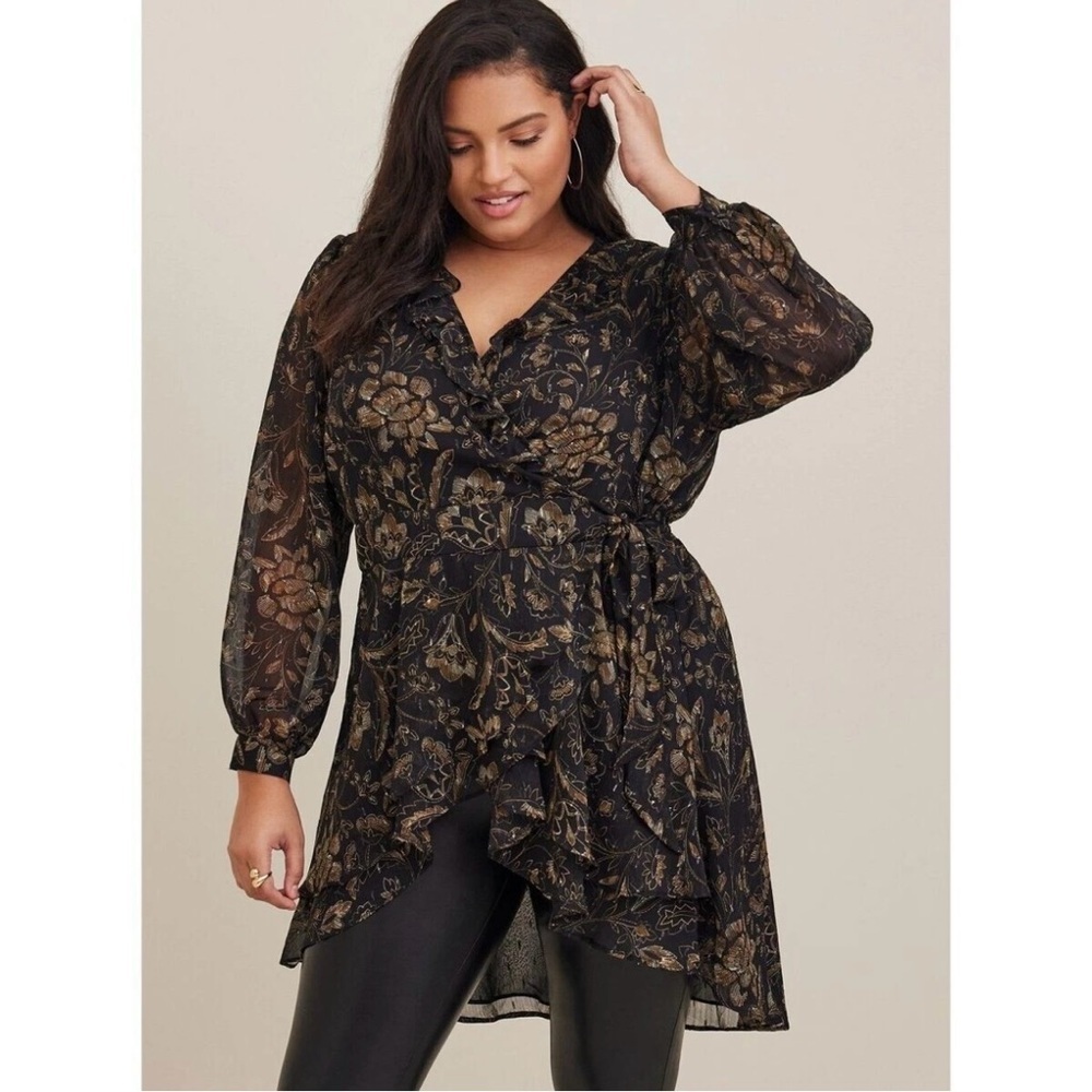 Torrid 3X Black Gold Floral Chiffon Surplice Wrap Tunic Top Blouse Sheer Sleeve